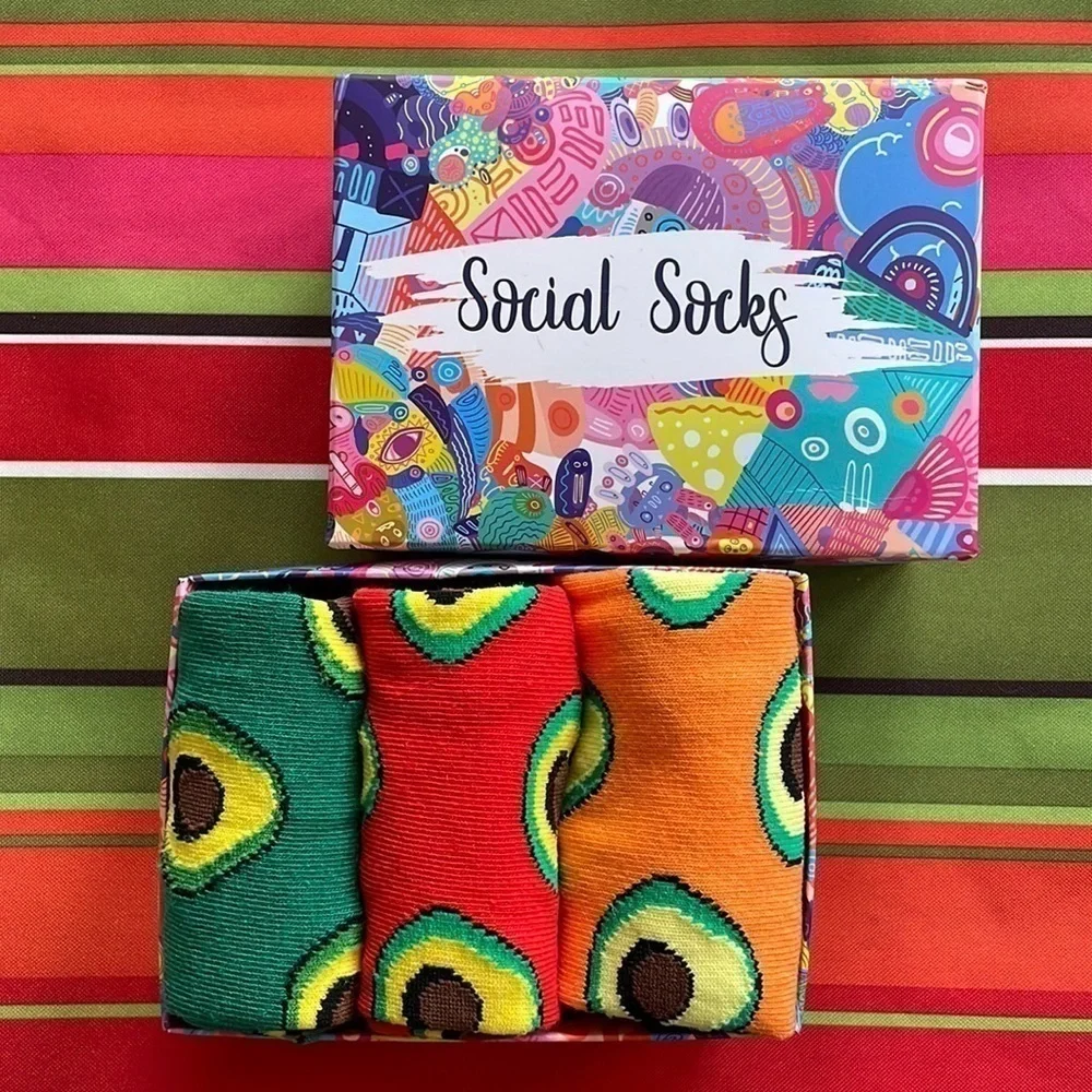 Brand New 3-Pack Red, Orange, Green Avocado Crew Socks Gift Box Novelty Colorful